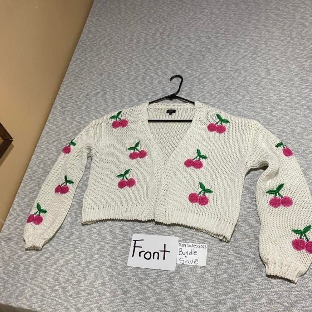 Debut White knit cardigan with pink cherry women M/L. SKU-C154#cottagecore